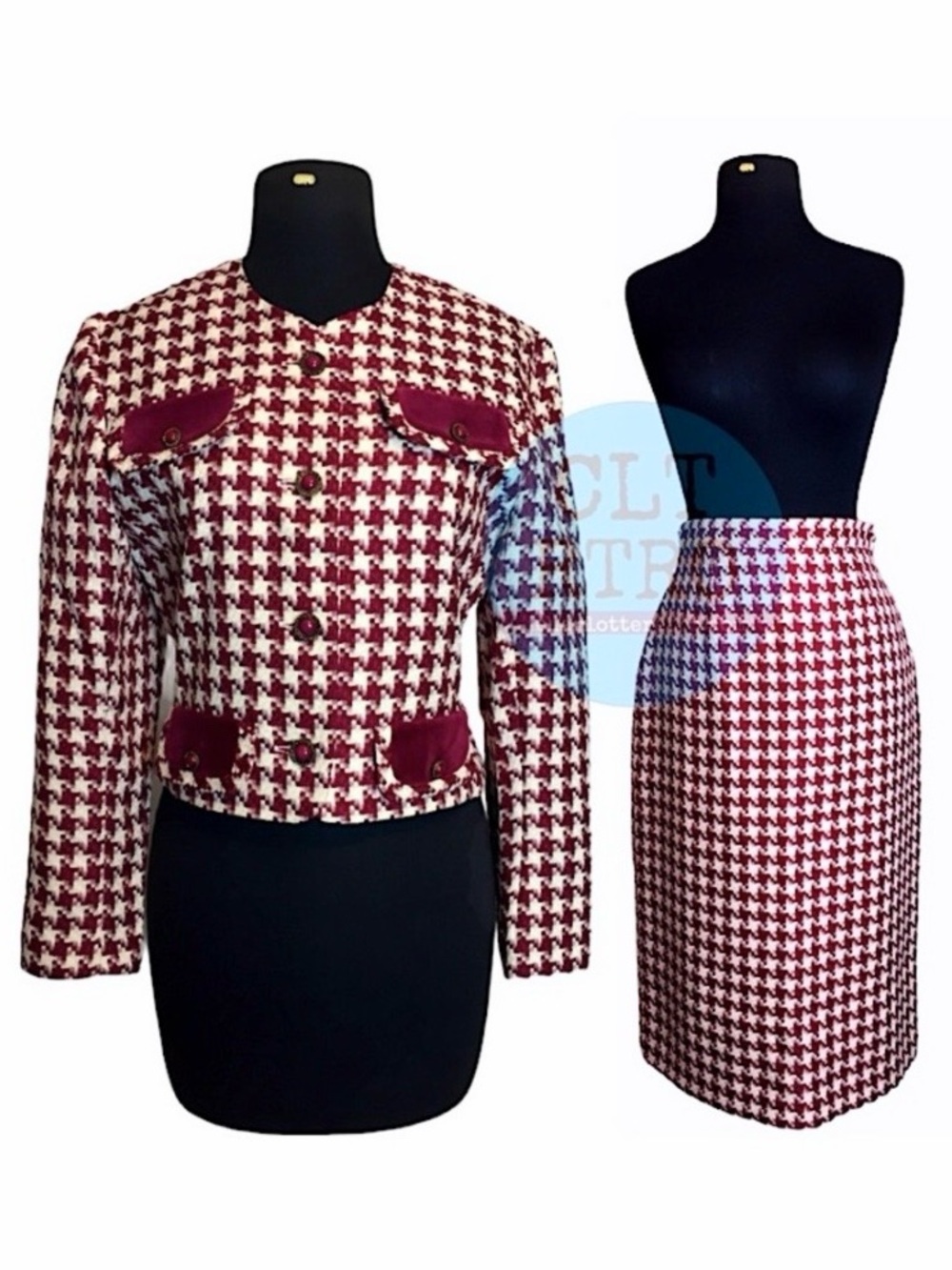 80s vtg Houndstooth Plaid Skirt Suit